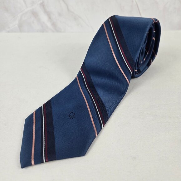 Christian Dior Men's Tie Silk Blend Blue with Multicolor Diagonal Stripes Office - Picture 1 of 7